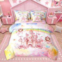 Homewish Dreamy Pink Castle Twin Bedding Sets 7-Piece for Girls, Kawaii Fairy Elf Bedding Comforter Set, Watercolor Rainbow Reversible Sheet Sets, Luxury Bedroom Decor