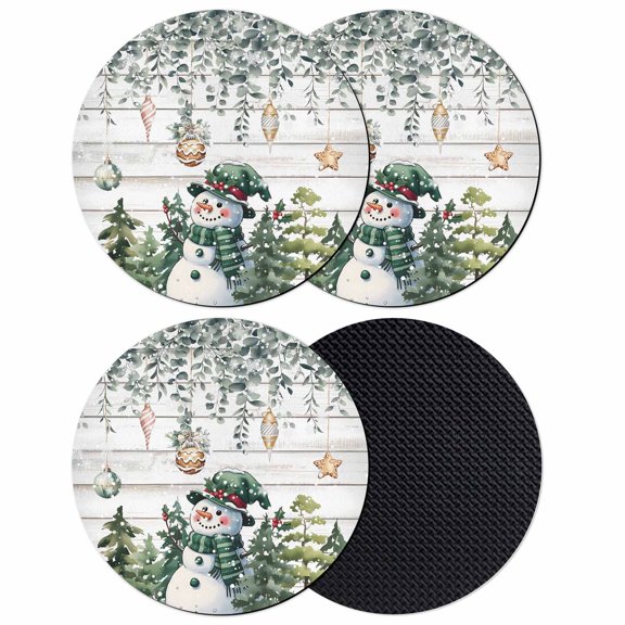 Green Snowman Christmas Coasters Set of 4, Absorbent Coasters for Drinks, Xmas Snowflake Eucalyptus Leaves Wooden Coaster for Desk Coffee Table Protection, Home Decor House Warming Gifts 4"