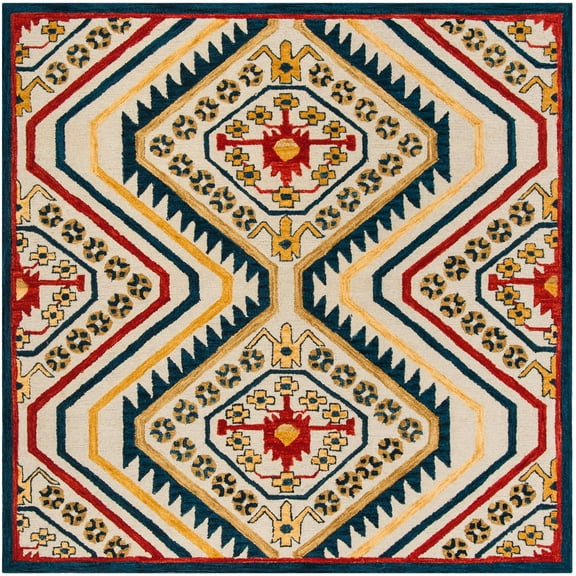 SAFAVIEH Aspen Christal Southwestern Wool Area Rug, Ivory/Multi, 7' x 7' Square
