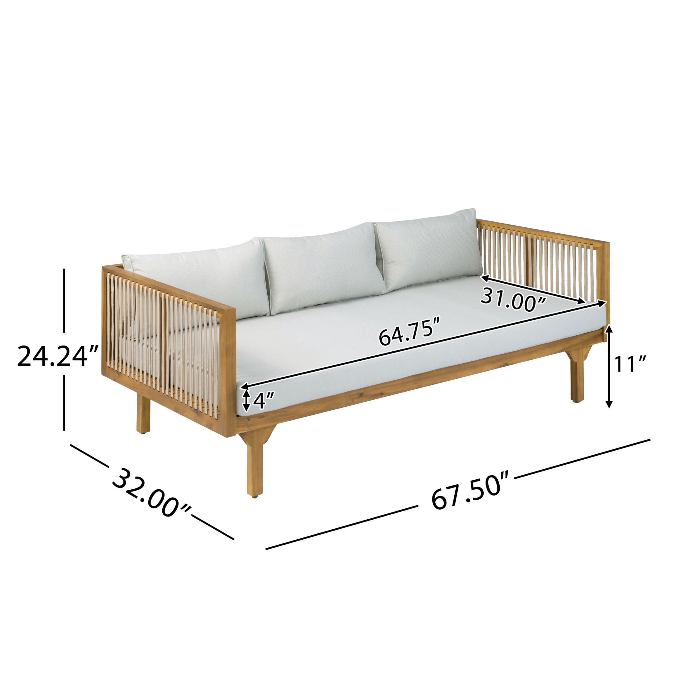 Christopher Knight Home 67.5" Outdoor Patio Acacia Wood Sofa with Light Brown Rope and Light Gray Cushions