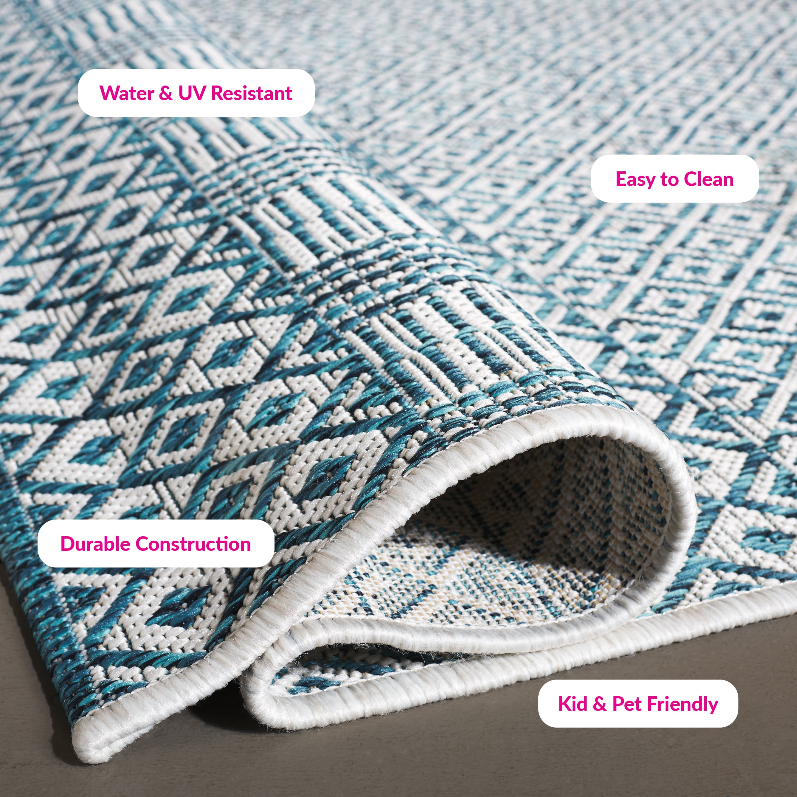 SAFAVIEH Courtyard Evander Geometric Indoor/Outdoor Area Rug, Ivory/Aqua, 4' x 5'7"