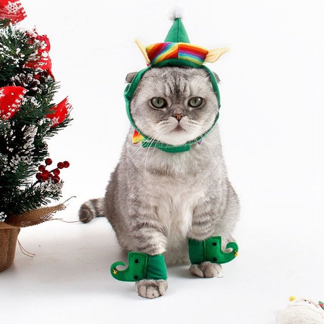 Disfraz de Navidad para mascotas, ropa de Navidad con sombrero, traje de elfo verde, fiesta, Cosplay para mascotas pequeñas