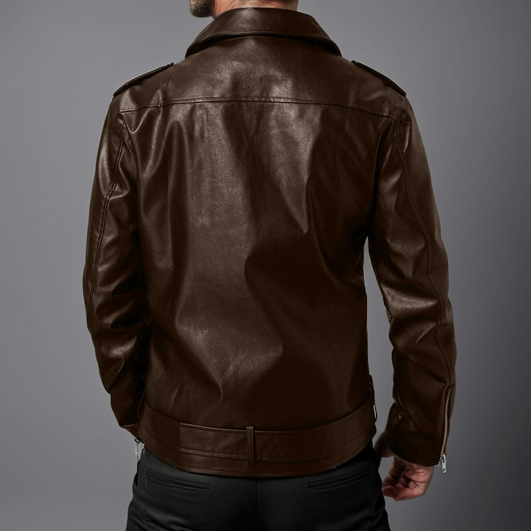 Clearance 2024! ZVNAΖH Men's PU Leather Jacket Causal Belted Faux