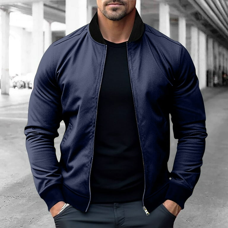 YLSDY Men s Bomber Jacket Slim Fit Lightweight Stand Collar Zipper Closure Long Sleeve Outwear with Two Side Pockets Navy M