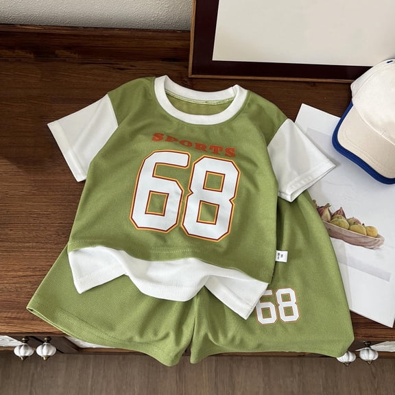 ITSAME Boys Athletic Outfit 2-Piece, Basketball Jersey Round Neck Top and Shorts Summer Casual Fashion Active Set Green 6-12M
