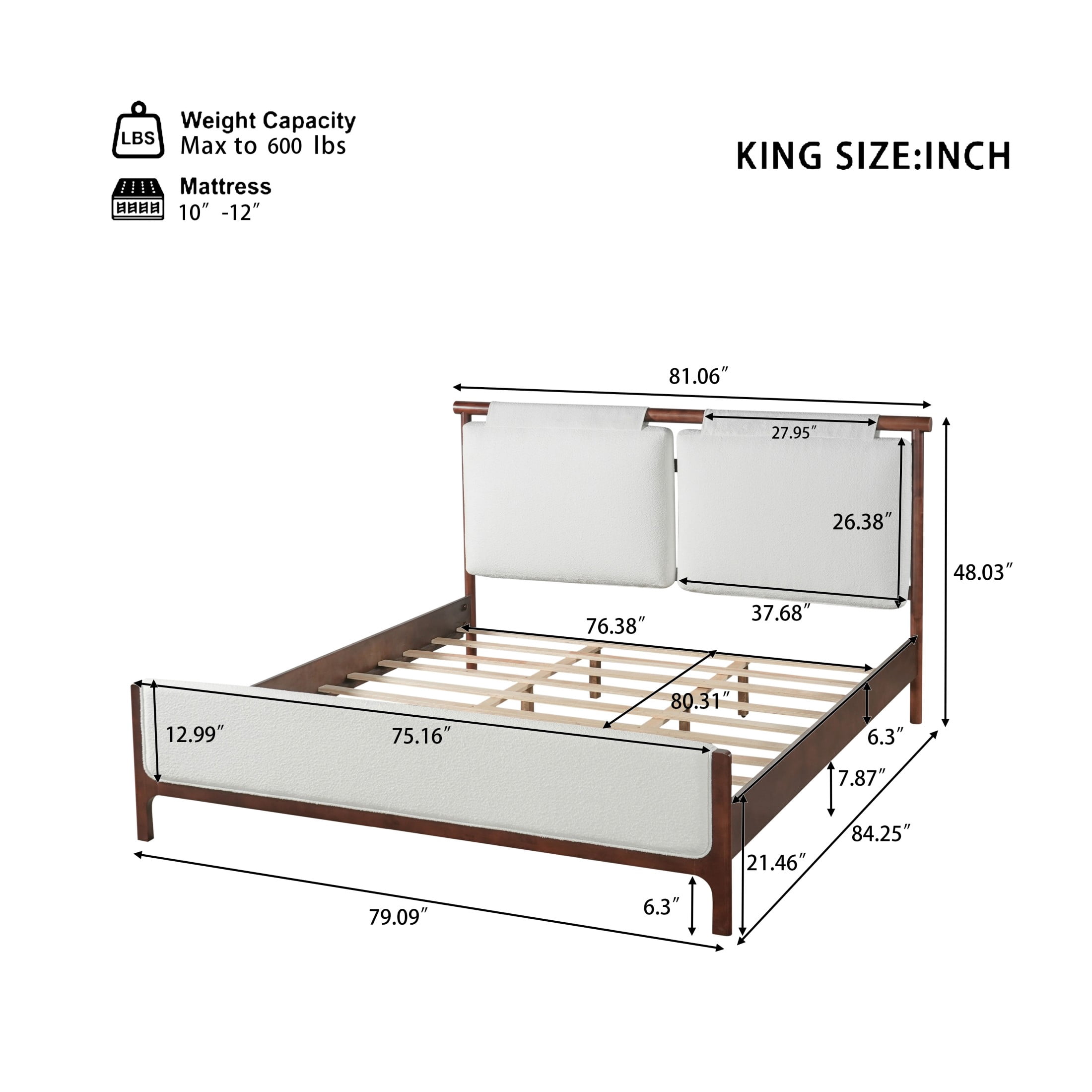 Christopher Knight Home King Platform Bed with White Upholstered, Wood Frame, Dark Walnut Finish
