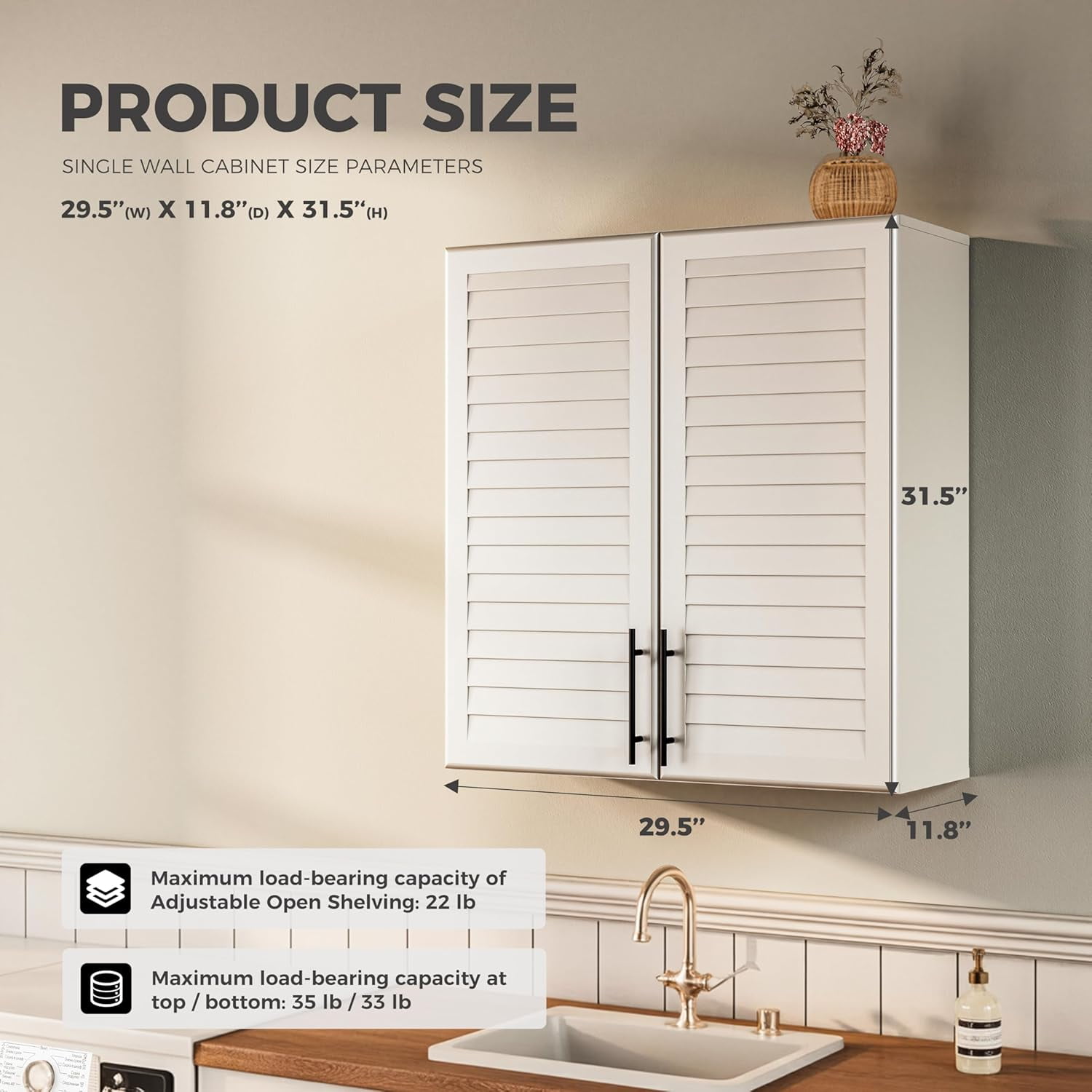 29.5’’ Laundry Room Cabinets Wall Mounted, Hanging Bathroom Wall Cabinet, Kitchen Wall Cabinet with Adjustable Shelf