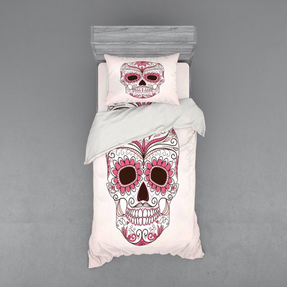 Sugar Skull Duvet Cover Set, Mexican Ornaments Calavera Catrina Inspired Folkloric Art Macabre, Bedding Set with Shams and Fitted Sheet, 3 Sizes, by Ambesonne