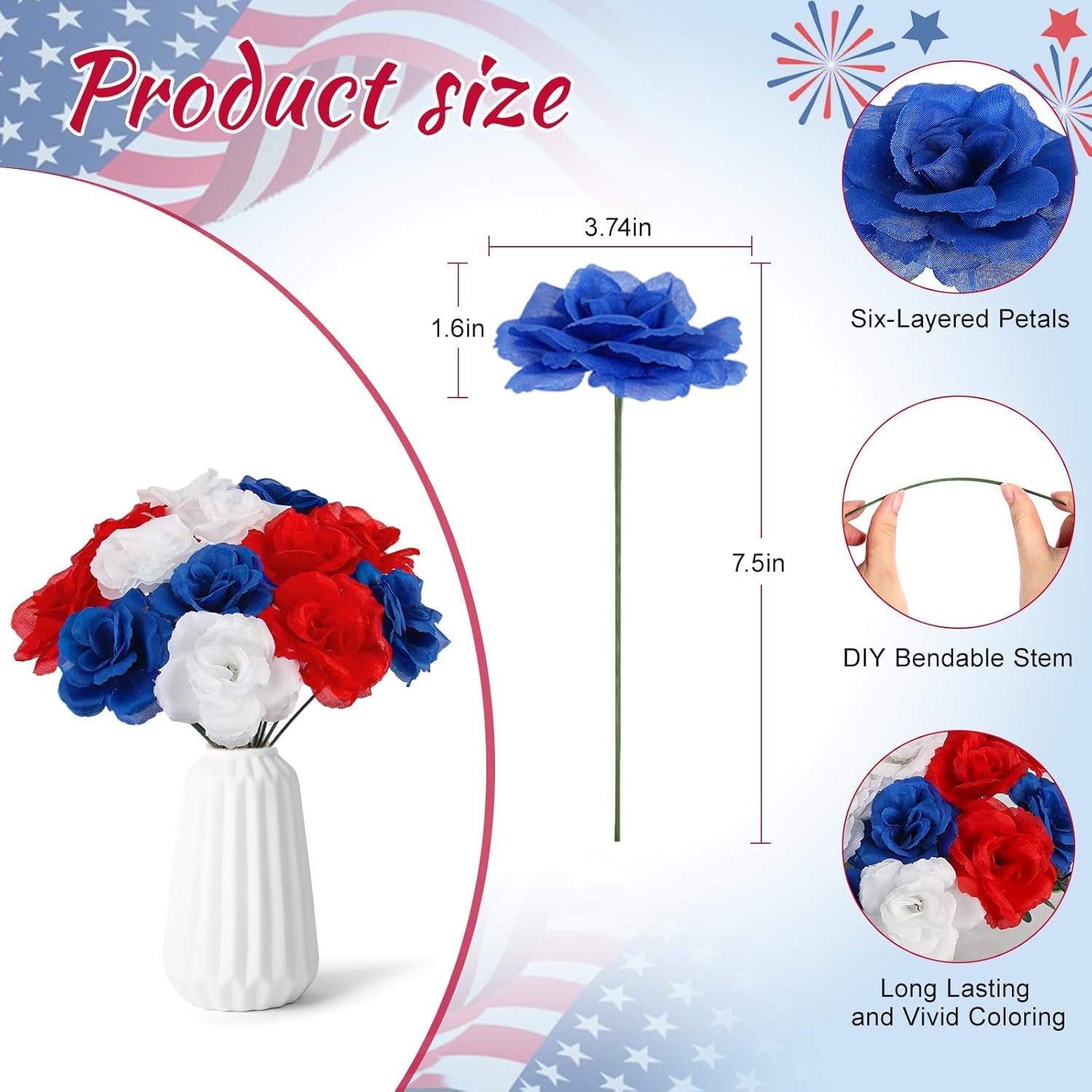 108pcs Roses Head Flowers with Stem - Red Blue White Artificial Flowers Rose Bulk - Silk Rose Fake Flower Arrangement for Patriotic Memorial Bouquet Grave Centerpieces 4th of July Veterans Party Deco