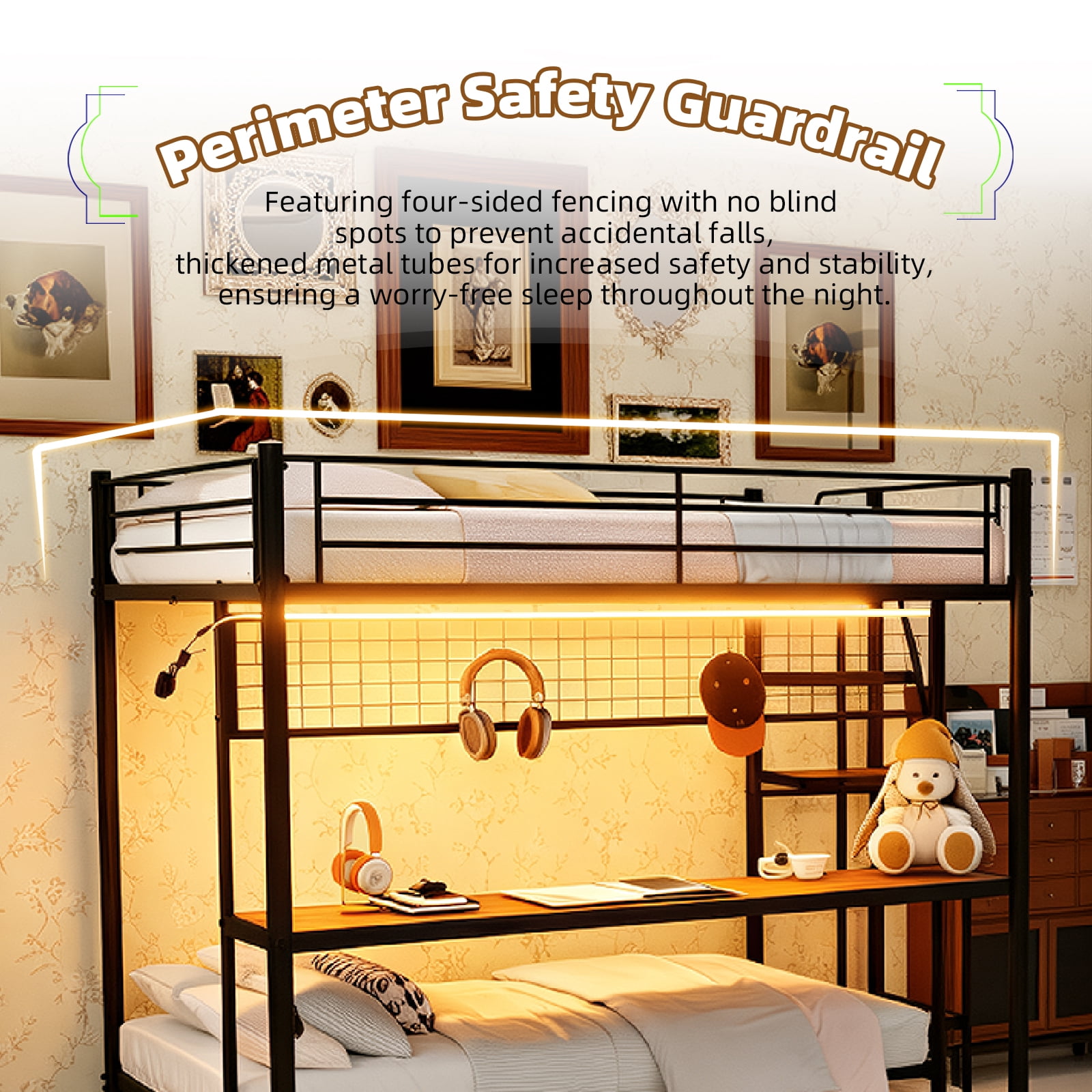 Leumius Twin over Full Size Metal Bunk Bed with Built-In Desk & LED Lighting,Heavy Duty Metal Bunk Beds Frame with Ladder for Bedrooms,Dorms,Black