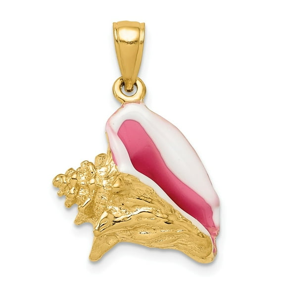 Real 14kt Yellow Gold Polished 3-D Pink and White Enameled Conch Shell Pendant; for Adults and Teens; for Women and Men