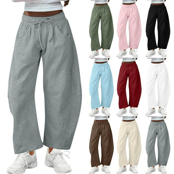 QATAINLAV Women's Baggy Barrel Leg Ankle Sweatpants Casual Drawstring Elastic Waist Lounge Trousers Comfy Sweat Pants with Pockets White M