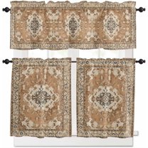 Kitchen Curtain Valance and Tiers Set Boho Bohemia 3 Pc Window Treatment Tribal Vintage Rustic Brown 3 Pieces Rod Pocket Valance Set for Small Windows Bedroom, 54 in x 36 in