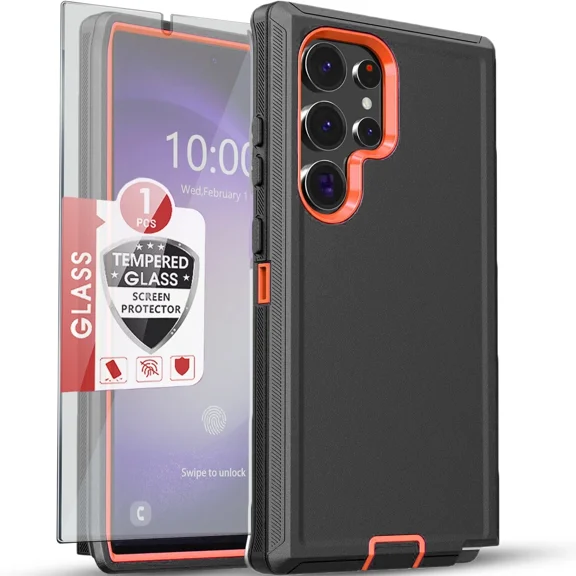 Starshop Samsung Galaxy S25 Ultra Case Phone Cover Shockproof Heavy Duty With Glass Screen - Orange