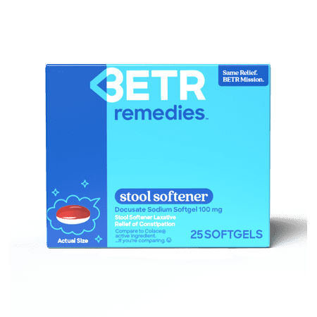BETR Remedies Stool Softener Laxative, for Constipation, Docusate Sodium 100 mg, 24 Softgels