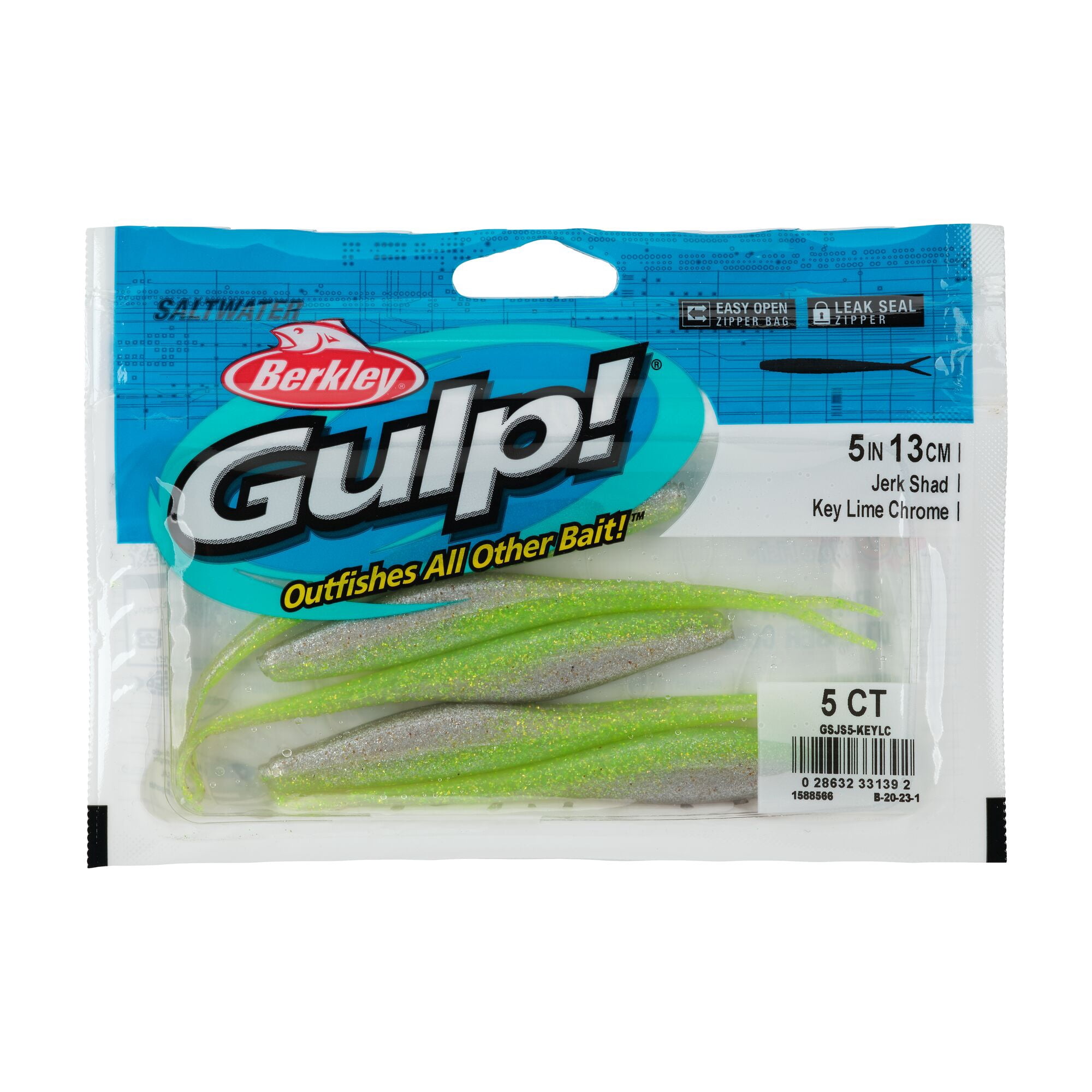 Berkley Gulp!® Saltwater Jerk Shad, 5 in, Jerkbaits, Key Lime Chrome (5-count)