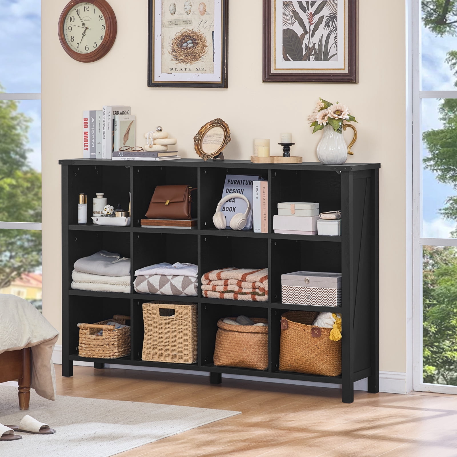 Joaxswe 12-Cube Bookcase and Bookshelves, 62'' Width Open CD Display Storage Rack, Vintage Cubby Cabinet for Living Room, Black