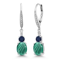 Gem Stone King 925 Sterling Silver Green Malachite and Blue Sapphire Dangle Earrings for Women with Lab Grown Diamond (5.73 Cttw, Oval 9X7MM)