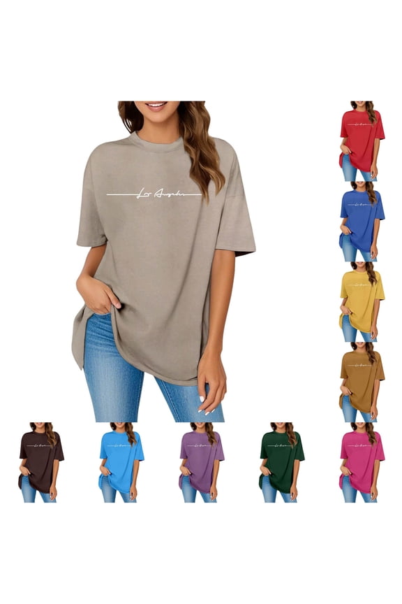 Womens Los Angeles Graphic T Shirt Oversized Crewneck Short Sleeve Letter Print California Vacation Casual Tee Tops