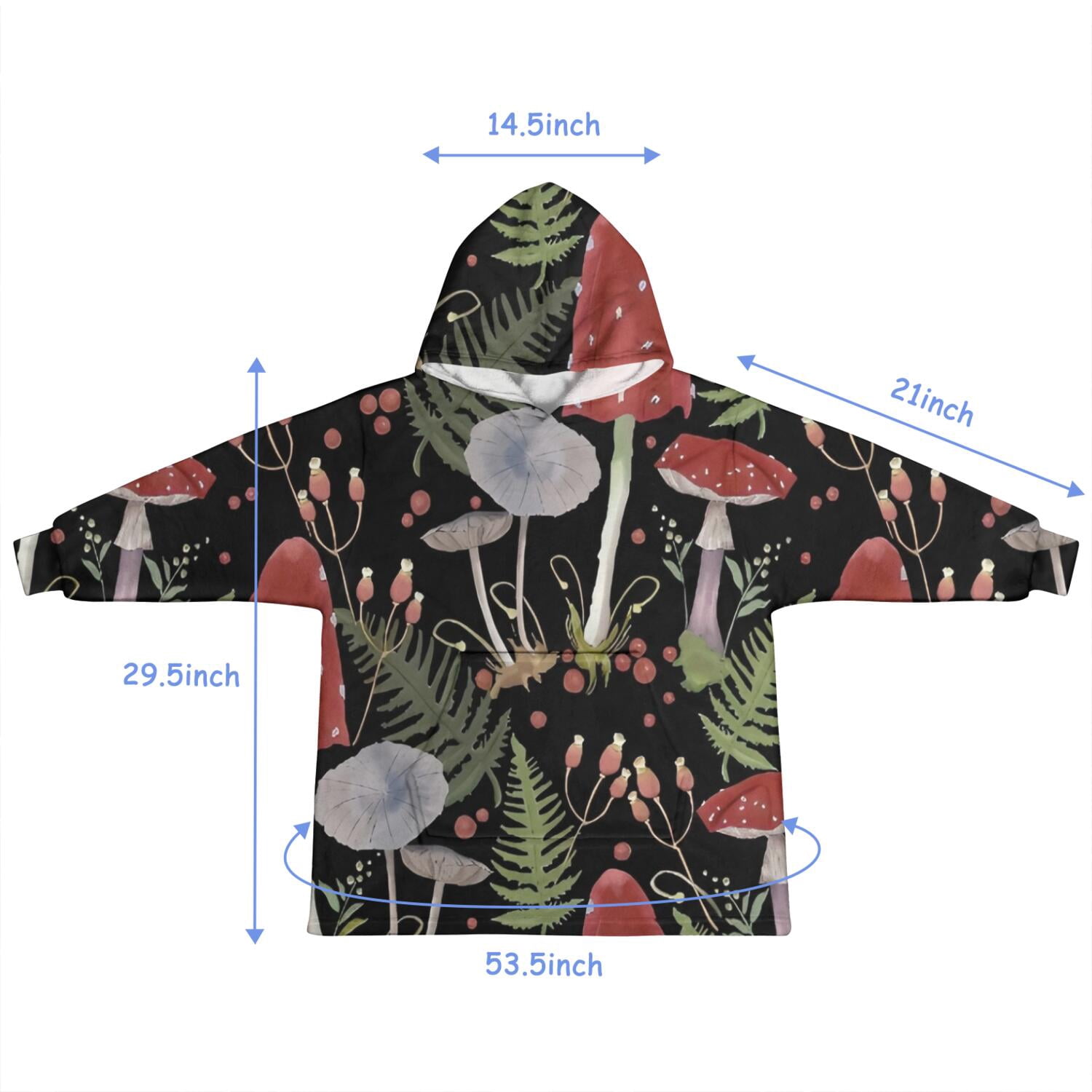 Red Mushroom Fern Black Pattern Blanket Hoodies for Kids 6-13YR Oversize Wearable Blanket Hoodies for Boys Girls Teens