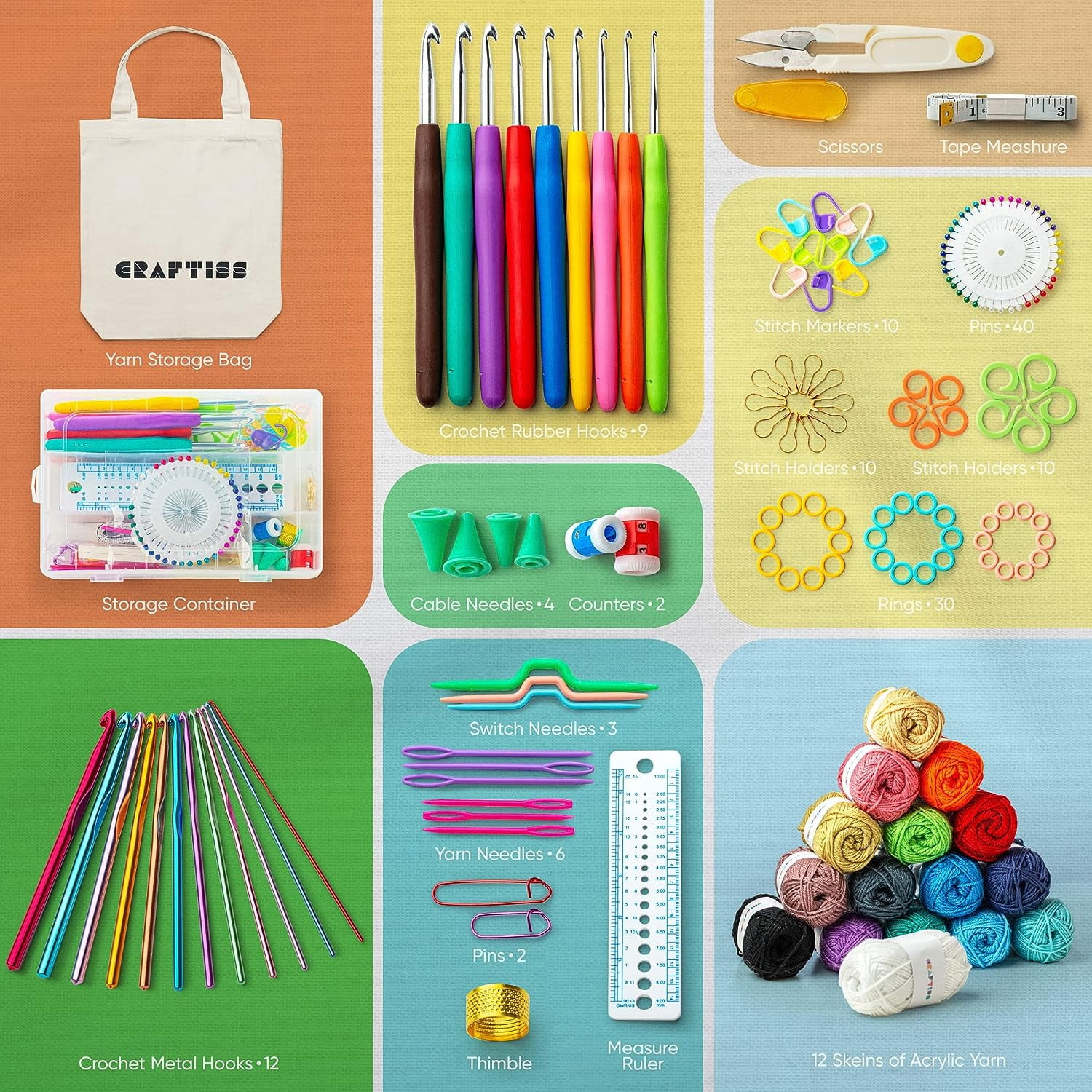 Craftiss Crochet Kit for Beginners, 158 pcs with 16 Colors of Acrylic Yarn Skeins, 1300 Yards Total – Learn to Crochet Kit for Adult Beginner