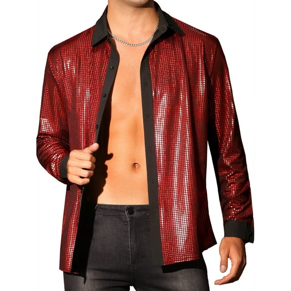 Lars Amadeus Shiny Metallic Shirts for Men's Long Sleeves Glitter Party Disco Collared Shirts XL Red