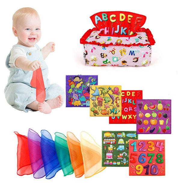Sostenedor del tejido Caja de pañuelos para bebés, juguetes Montessori de 6 a 12 meses, juguetes sensoriales para bebés y niños pequeños Abanopi Sostenedor del tejido