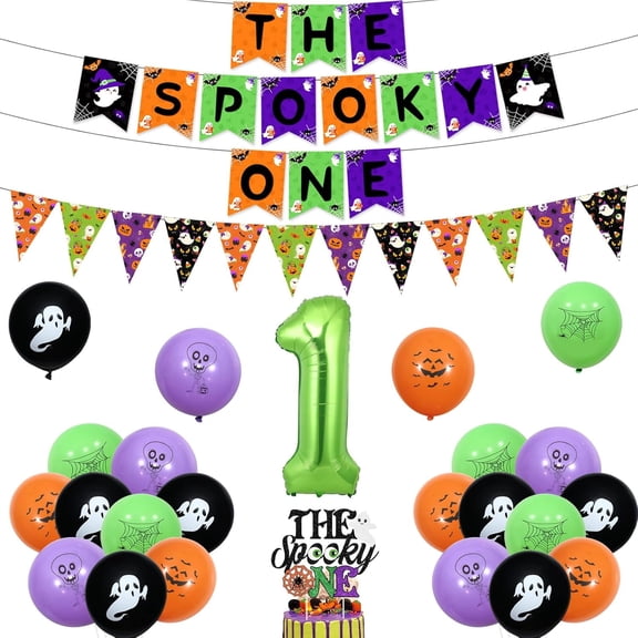 Halloween 1st Birthday Decorations, The Spooky One Birthday Banner Cake Topper Pumpkin Ghost Bat Spider Bunting Banner Balloons 1 Foil Balloon for Boys Girls Halloween Theme First Birthday