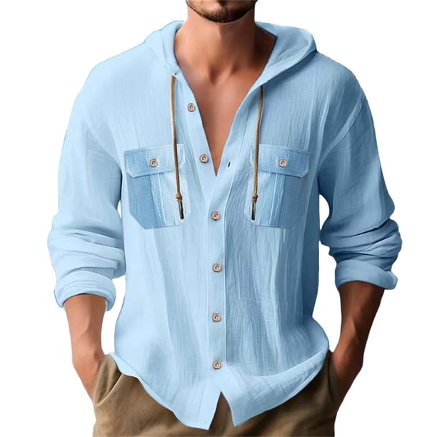 pstuiky camisas de manga larga para hombre, Blusa informal de manga larga con capucha y cuello redondo con botones lisos a la moda para hombre tops de invierno para hombre m