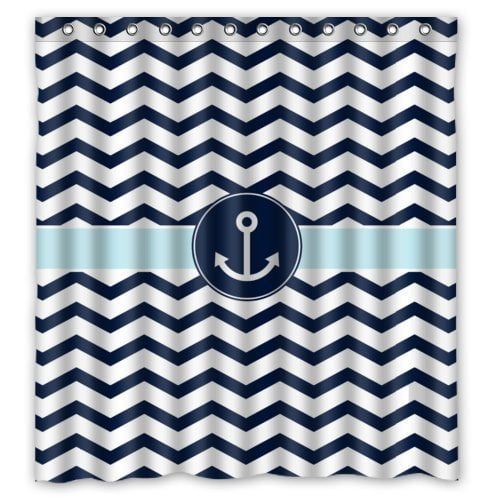 HelloDecor Navy Blue and White Chevron with Nautical Anchor Shower