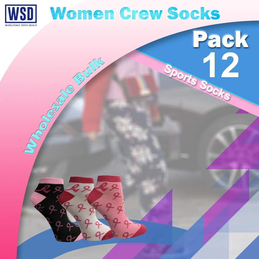 YACHT & SMITH Pink Ribbon Breast Cancer Awareness Ankle/Crew Socks for Women (12 Pairs Assorted A (Ankle) Women (9-11))