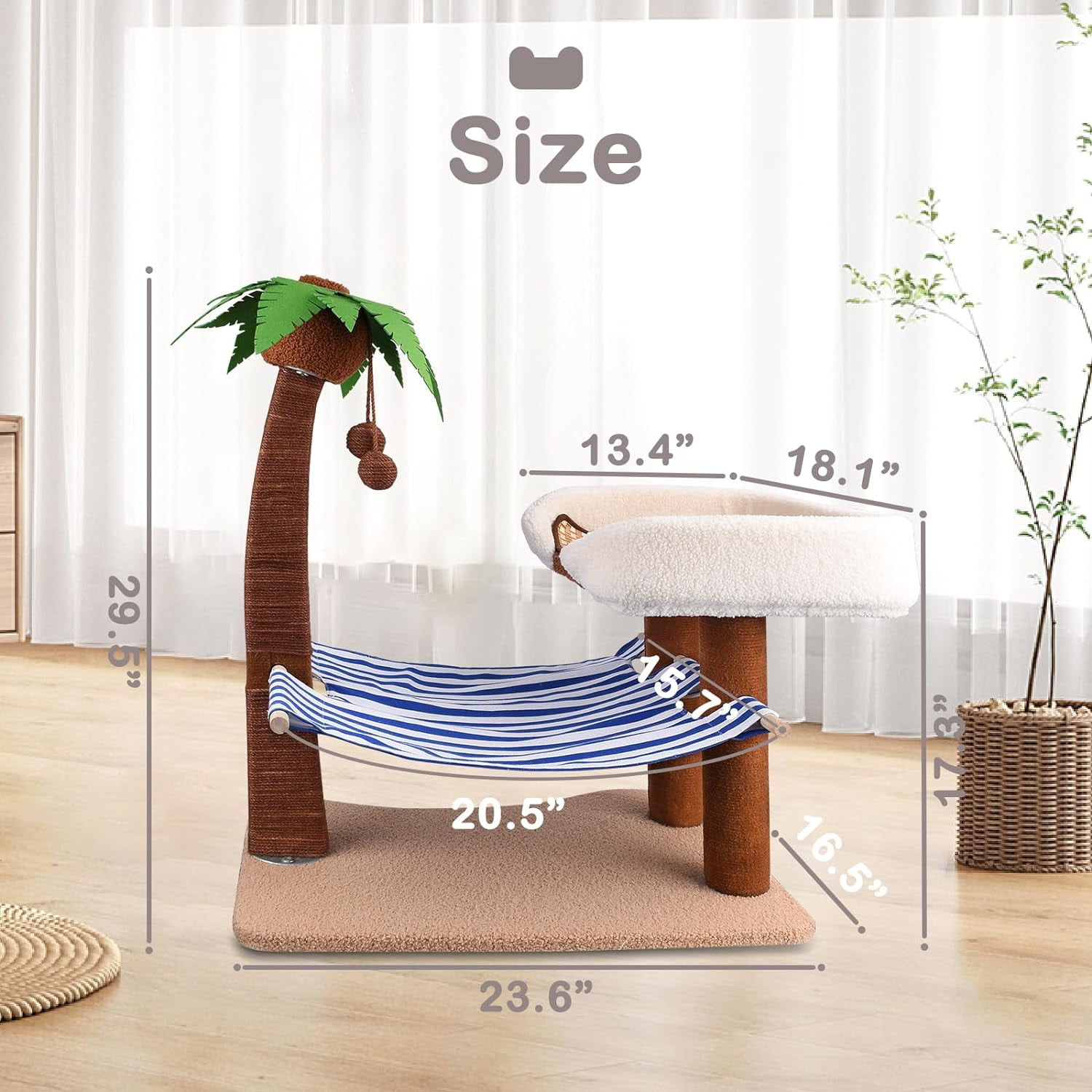 Cat Scratch Post with Hammock,29.5 Inches Tall Cat Scratcher with Cat Bed for Indoor Cats,Sisal Rope Cat Tree Scratching Post Tall with Hanging Ball for Small Cat Kitten