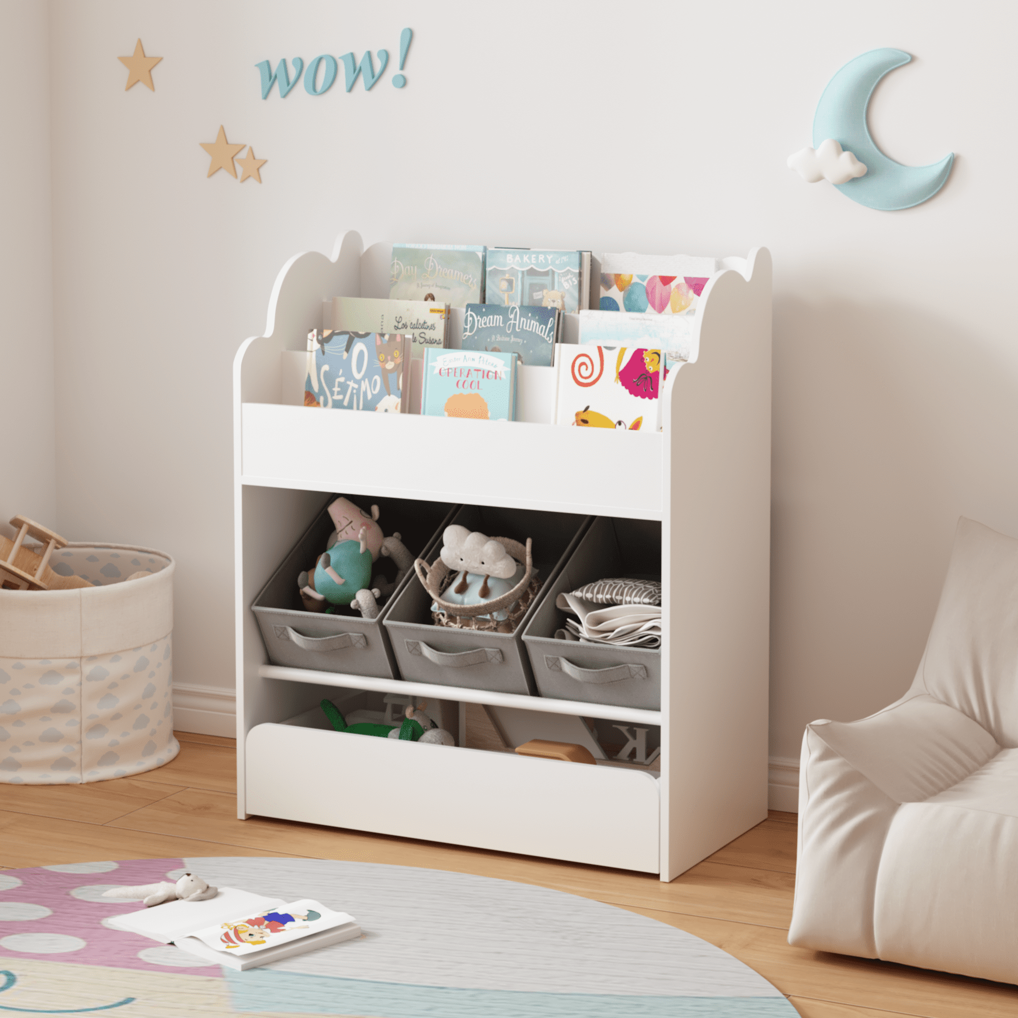 Kids Bookshelf with Storage Bins and Drawer, Multi-Functional Wooden Book Organizer for Toddlers, White Bookcase for Toys, Books and Nursery Room