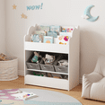 thumbnail image 3 of Yoneston Kids Storage Organizer with Book Rack, 3 Bins and Sliding Drawer, Toy Storage Cabinet with Scalloped Edge for Playroom, Bedroom, White, 3 of 9