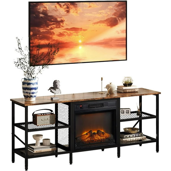 VINGLI 58‘’ Fireplace TV Stand for up to 70'' TV, Entertainment Center with 18'' Electric Fireplace Heater, Fireplace Media Console Table with Open Metal Shelves, Rustic Brown