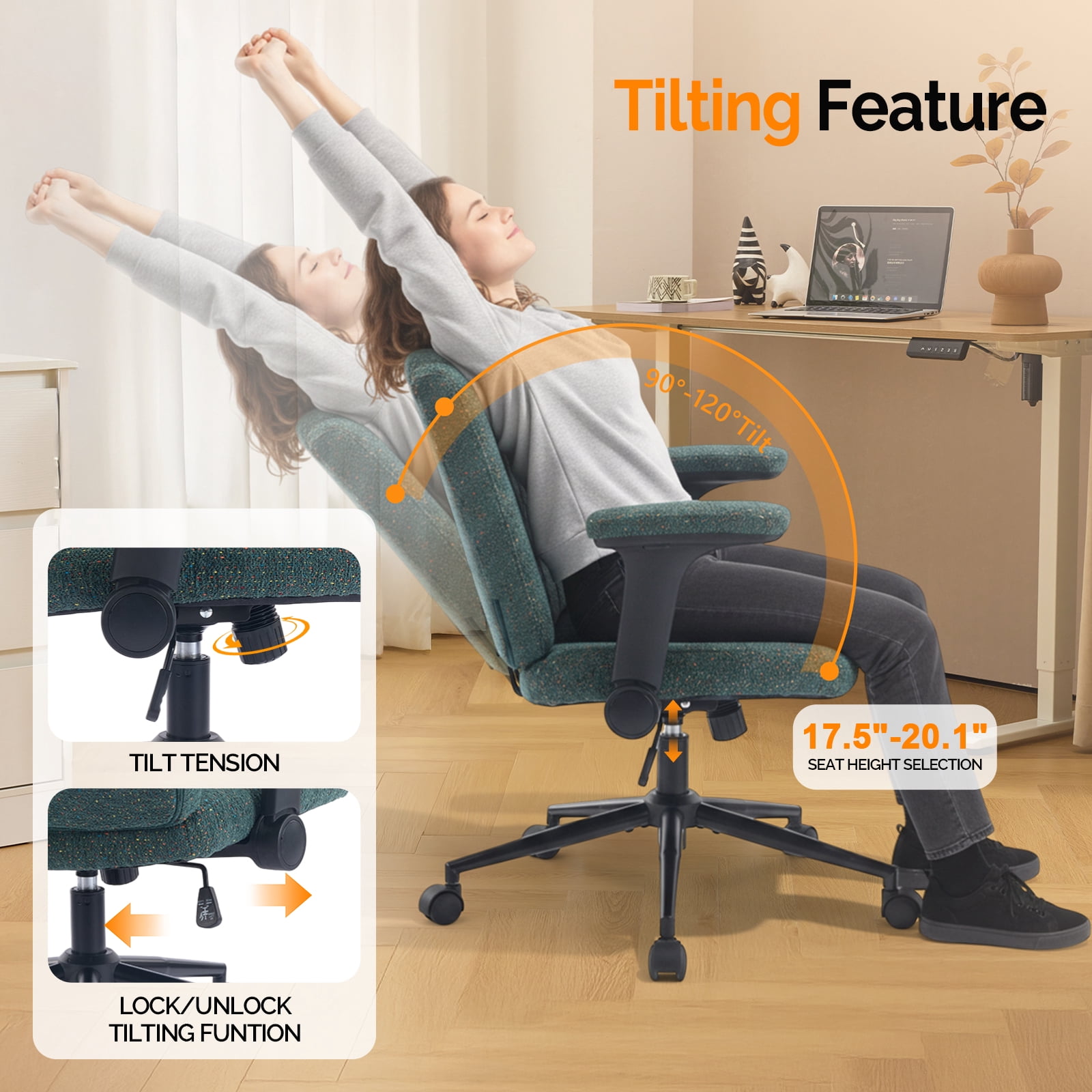 Ktaxon Office Chair, Flip-Top Armrest Desk Chair on Metal Star Base, Starry Chenille Vanity Chair with Adjustable Height & Swivel Wheels Green