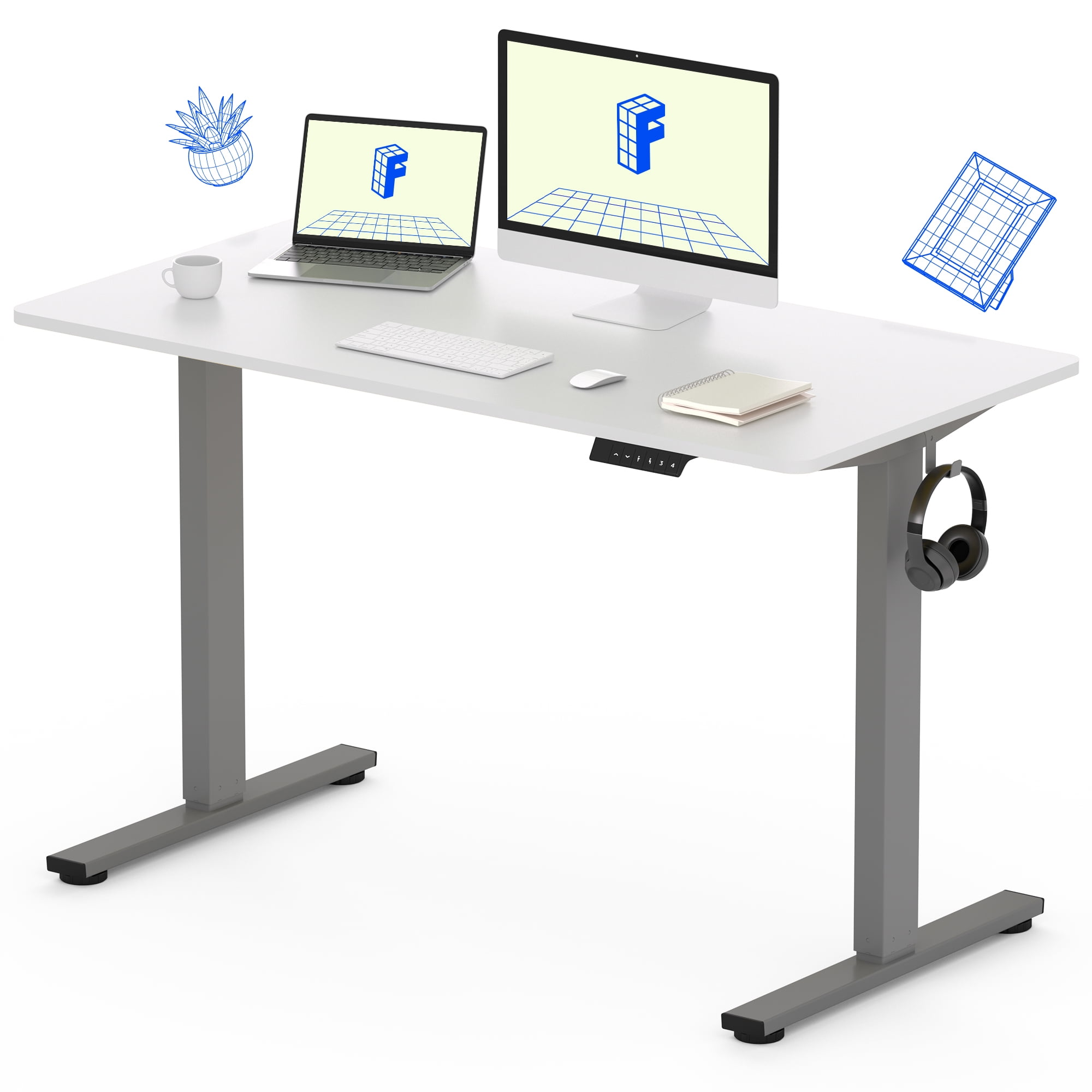 FLEXISPOT 48"x30" Home Office Height Adjustable Standing Desk with Hooks, Ergonomic Electric 2-Stage Stand Up Computer Desk, Gray and White