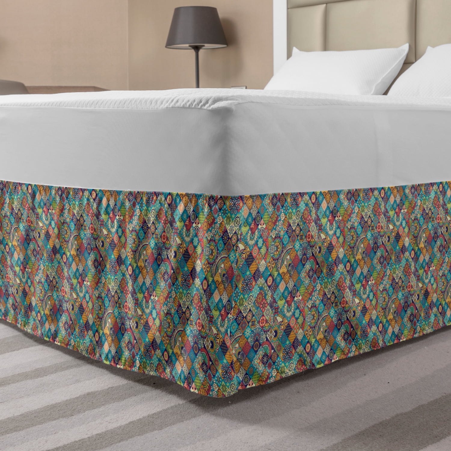 Bohemian Bed Skirt, Geometric Pattern Ornamental Floral Folk Art