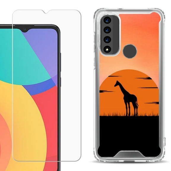 Shockproof Bumper Phone Case for TCL 20 XE, with Tempered Glass Screen Protector, by OneToughShield ® - Sunset Giraffe