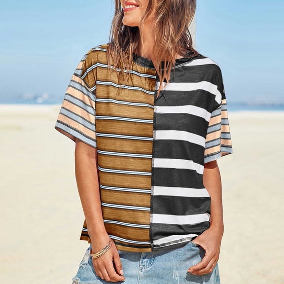 Tittly T Shirts for Women Spring Tops for Women Womens Summer Striped Shirts Casual Color Block Short Sleeve Tops Loose Fit Crew Neck Tees Tshirts Shirts Basic Tees Brown L