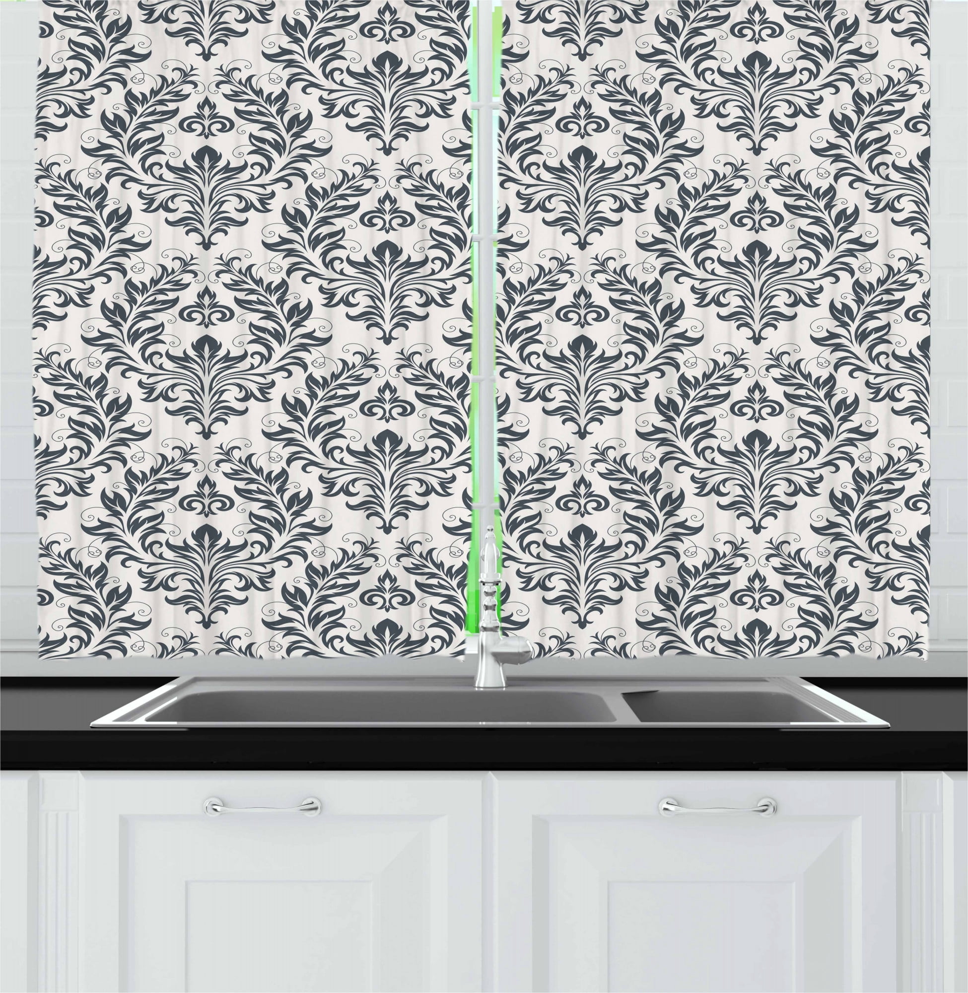 Victorian Kitchen Curtains, Floral Ornament Damask Flourishes Classics
