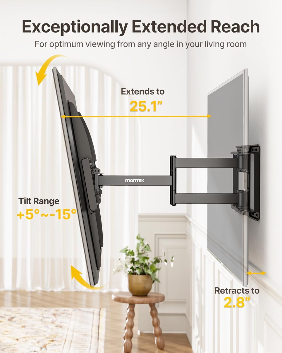 monTEK Heavy Duty Full Motion TV Wall Mount for 50-100" TVs up to 200 lb, 4X Load Tested Dual Arm Bracket with 25.1" Extension, Tool-Free Tilt & Swivel, Max VESA 900x600, Fits 12/16/18/24" Studs