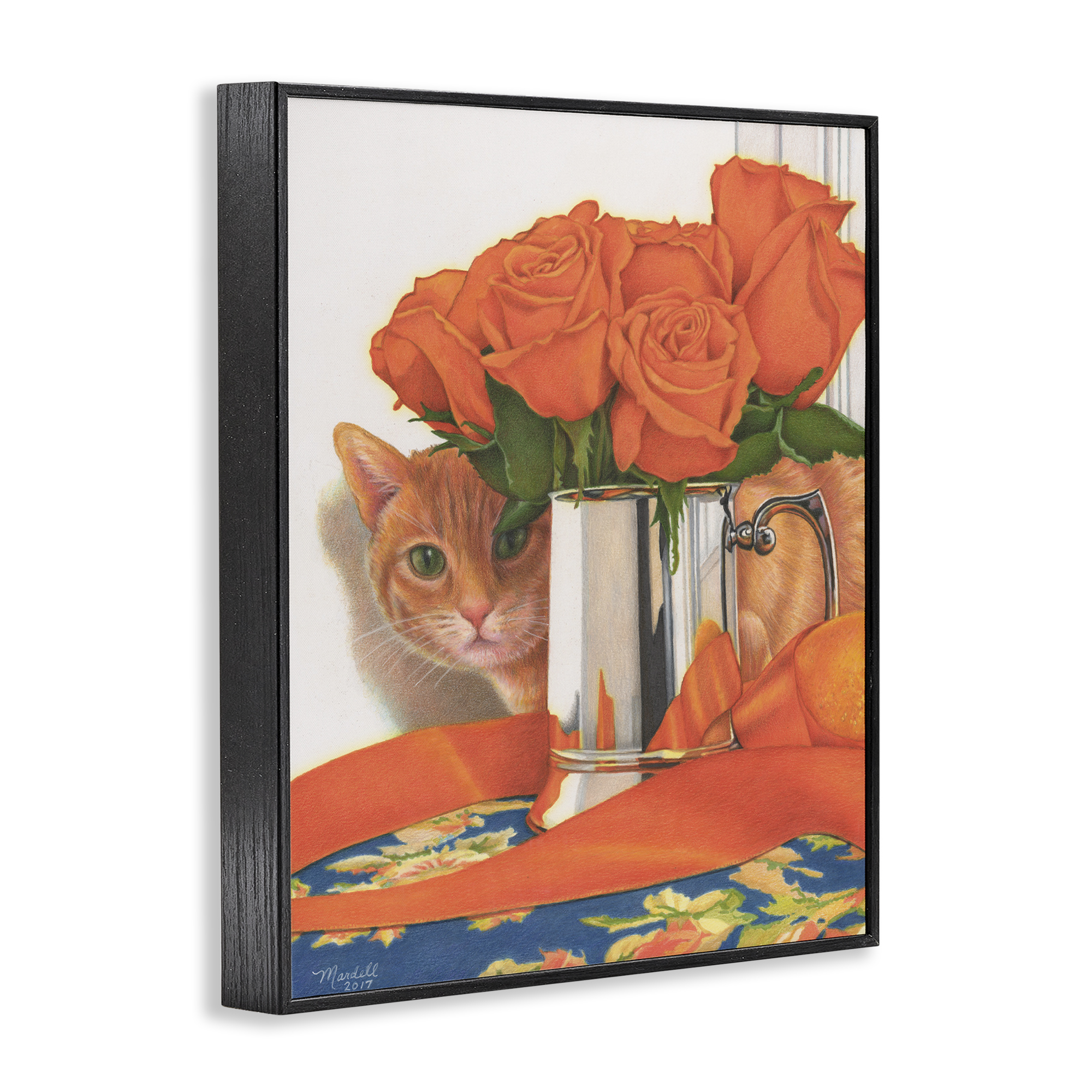 Stupell Industries Cat Peeking Rose Bouquet Animals & Insects Painting Black Framed Art Print Wall Art, 24 x 30