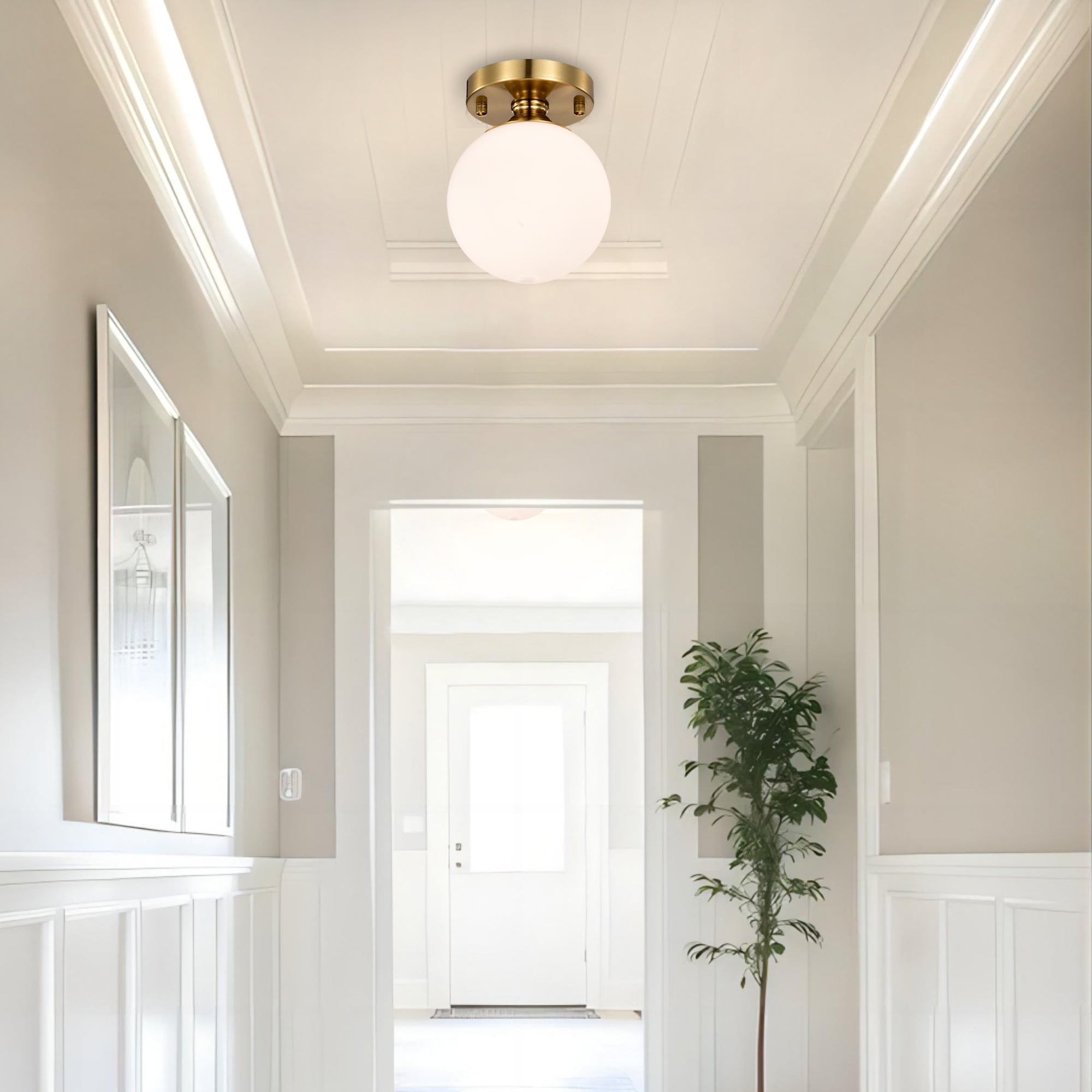 Semi Flush Mount Ceiling Light, Modern Gold Ceiling Light Fixture with 5.9" Opal Glass Globe Shade for Hallway Entryway Kitchen Bedroom