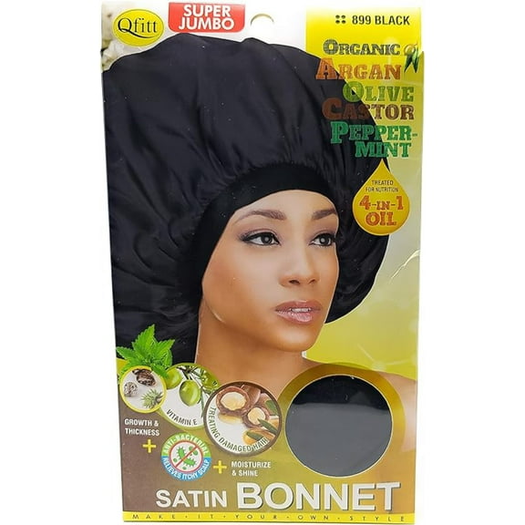 Qfitt Organic Argan   Shea Butter Olive Oil Super Jumbo Satin Bonnet #899 Black