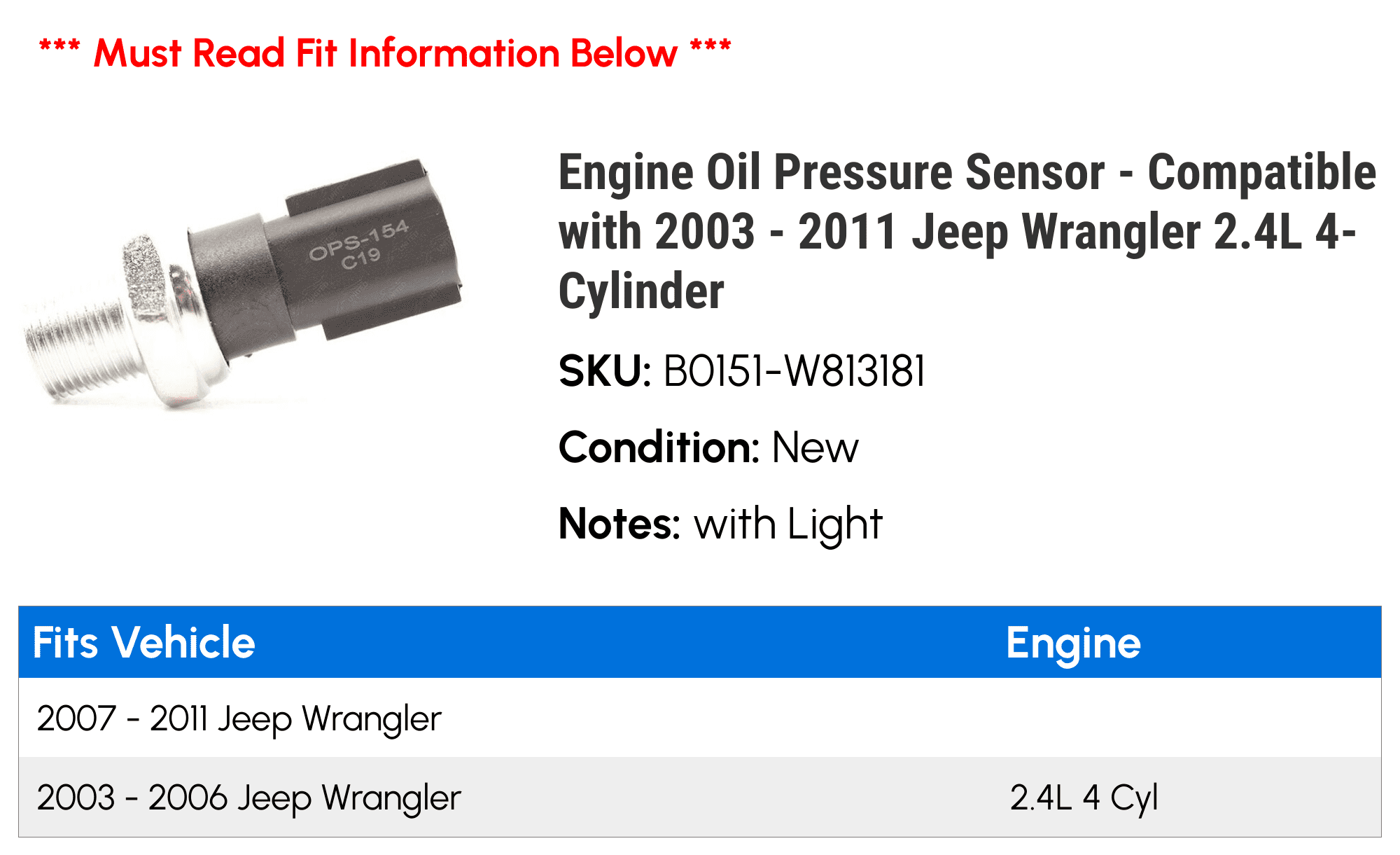 Engine Oil Pressure Sensor - Compatible with 2003 - 2011 Jeep Wrangler 2.4L 4-Cylinder 2004 2005 2006 2007 2008 2009 2010