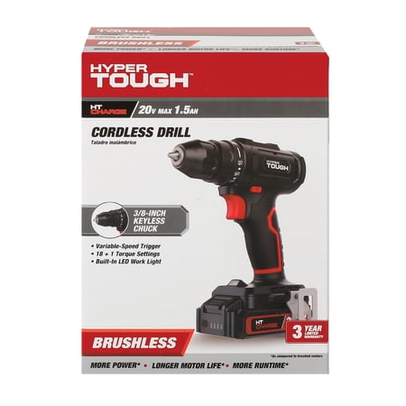 HYPER TOUGH 20V MAX BRUSHLESS CORDLESS DRILL DRIVER WITH 1.5AH LITHIUM-ION BATTERY AND CHARGER