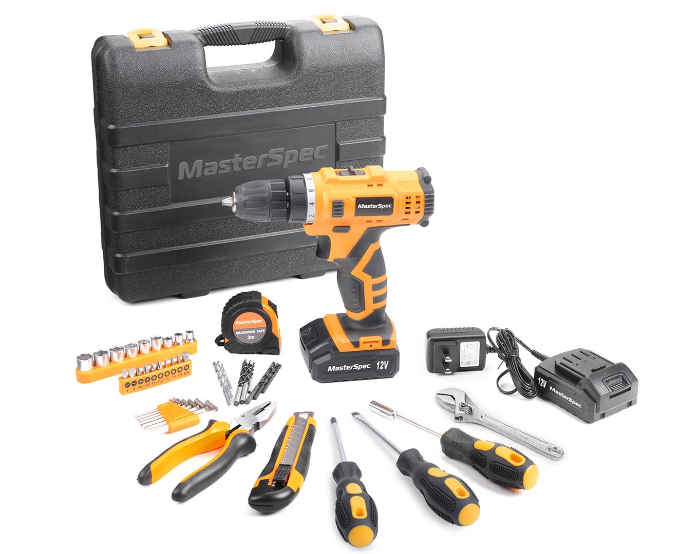 MasterSpec 12V Cordless Drill Driver Kit with 2 Batteries, 47PCS Household Hand Tools, 18+1 Settings for Complete DIY Home Repair and Furniture Assembly Projects