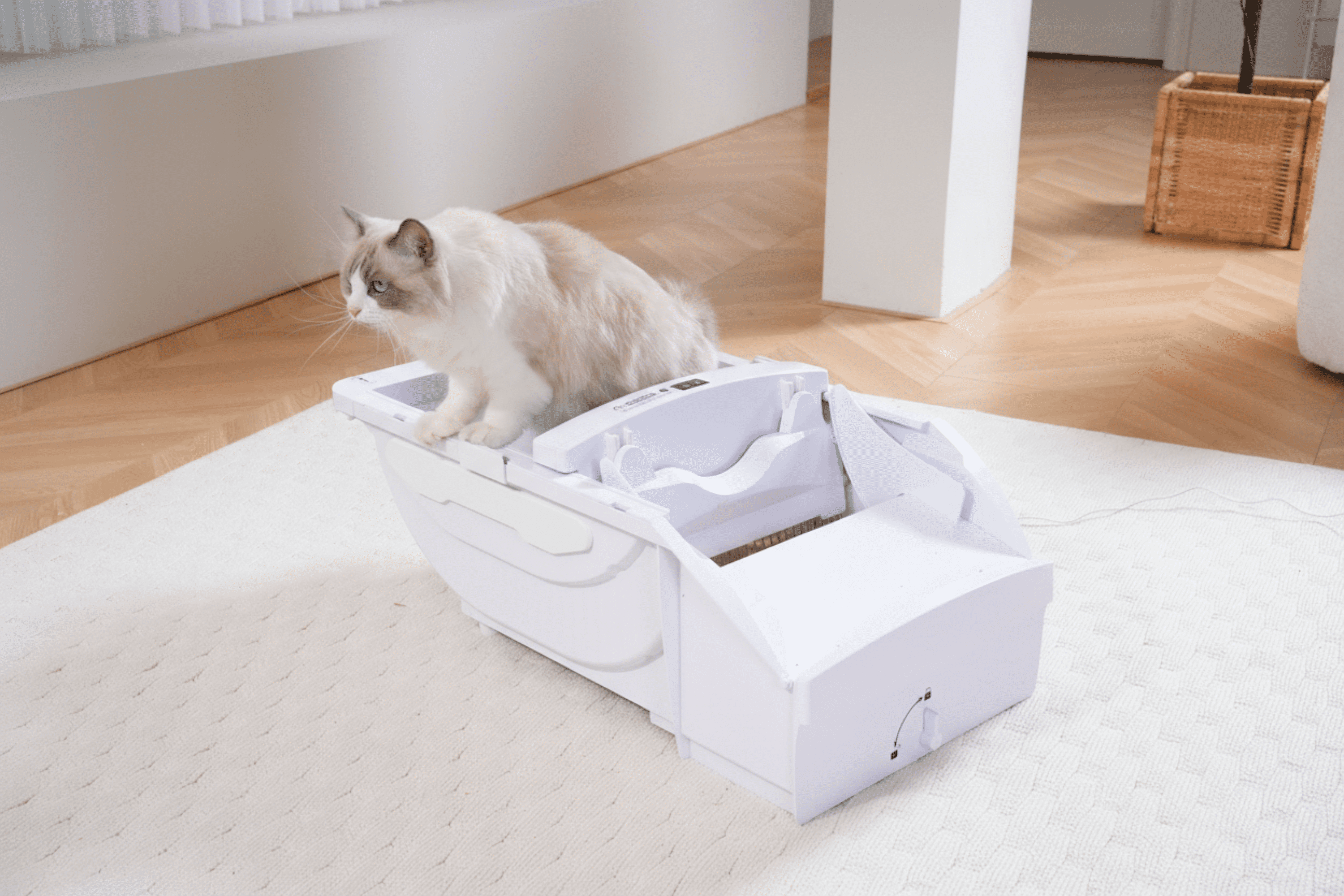 Hooded Smart Automatic Cat Litter Box with Wide Opening, Self-Cleaning Electric Cat Toilet with WiFi App Control, Enclosed Washroom Furniture with Privacy Hood, Cream White