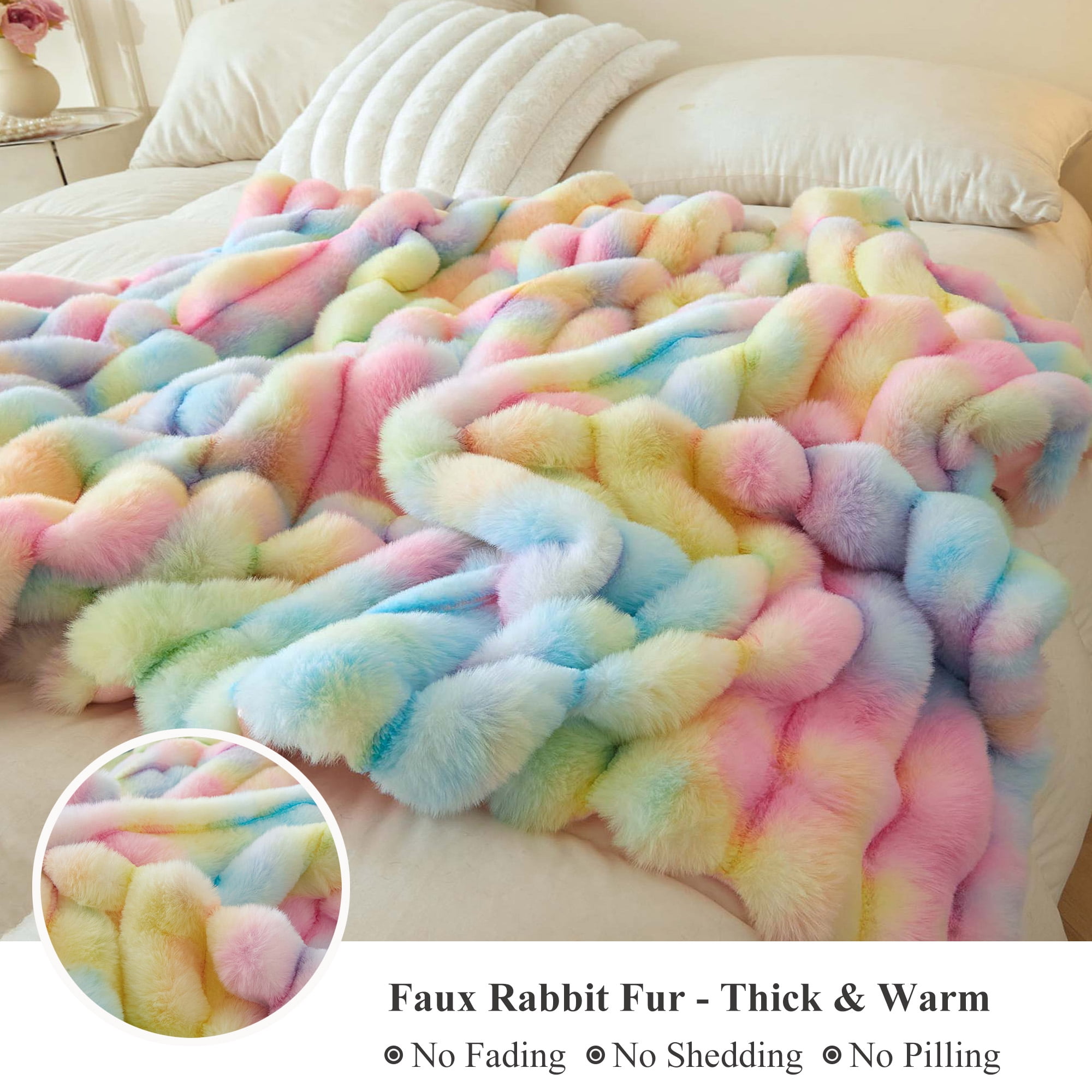 XeGe Fluffy Faux Rabbit Fur Throw, Cozy Ribbed Stripe Plush Fuzzy Blanket for Bed Couch Sofa Chair, Cute Tie Dye Shaggy Throw Bedroom Living Room, Furry Blanket for Kids Girls Teens, 50x60, Rainbow
